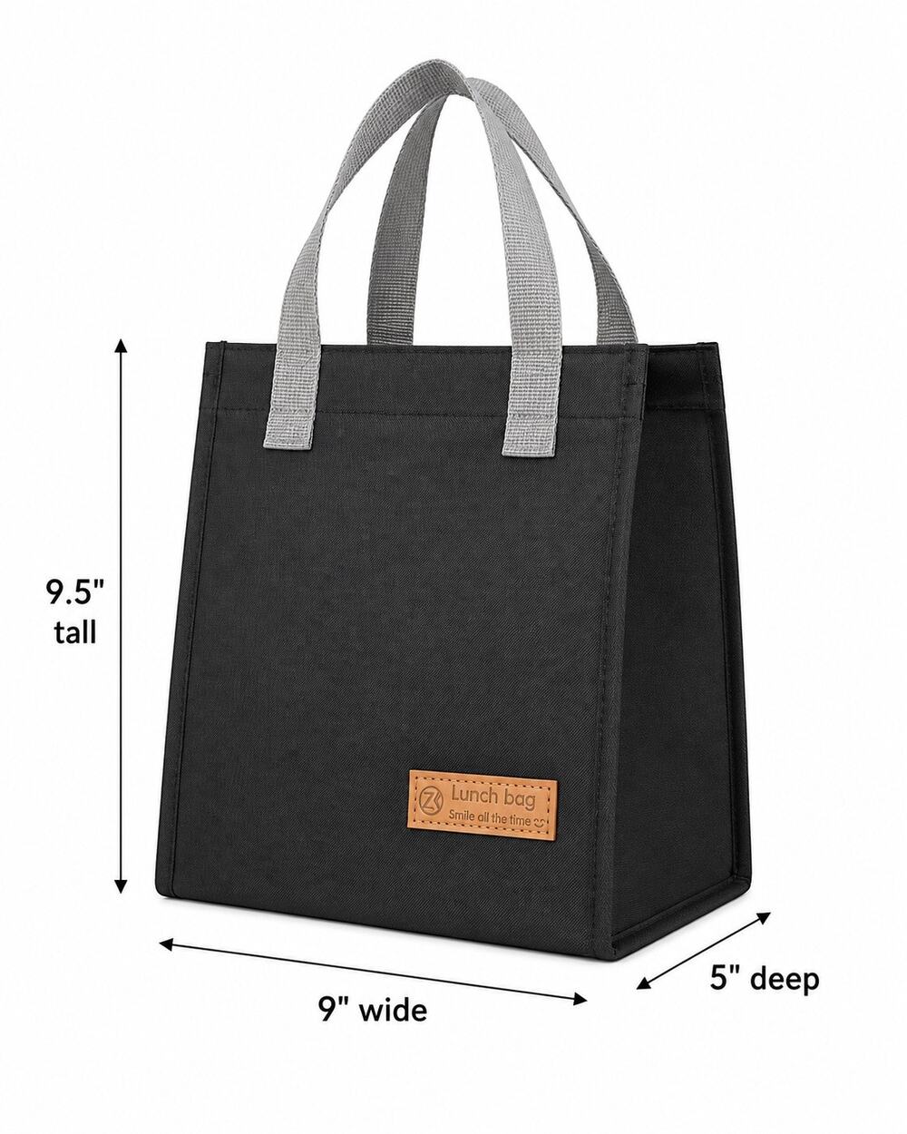 Black Insulated Lunch Bag Smile All The Time  9x9.5x5 Velcro close